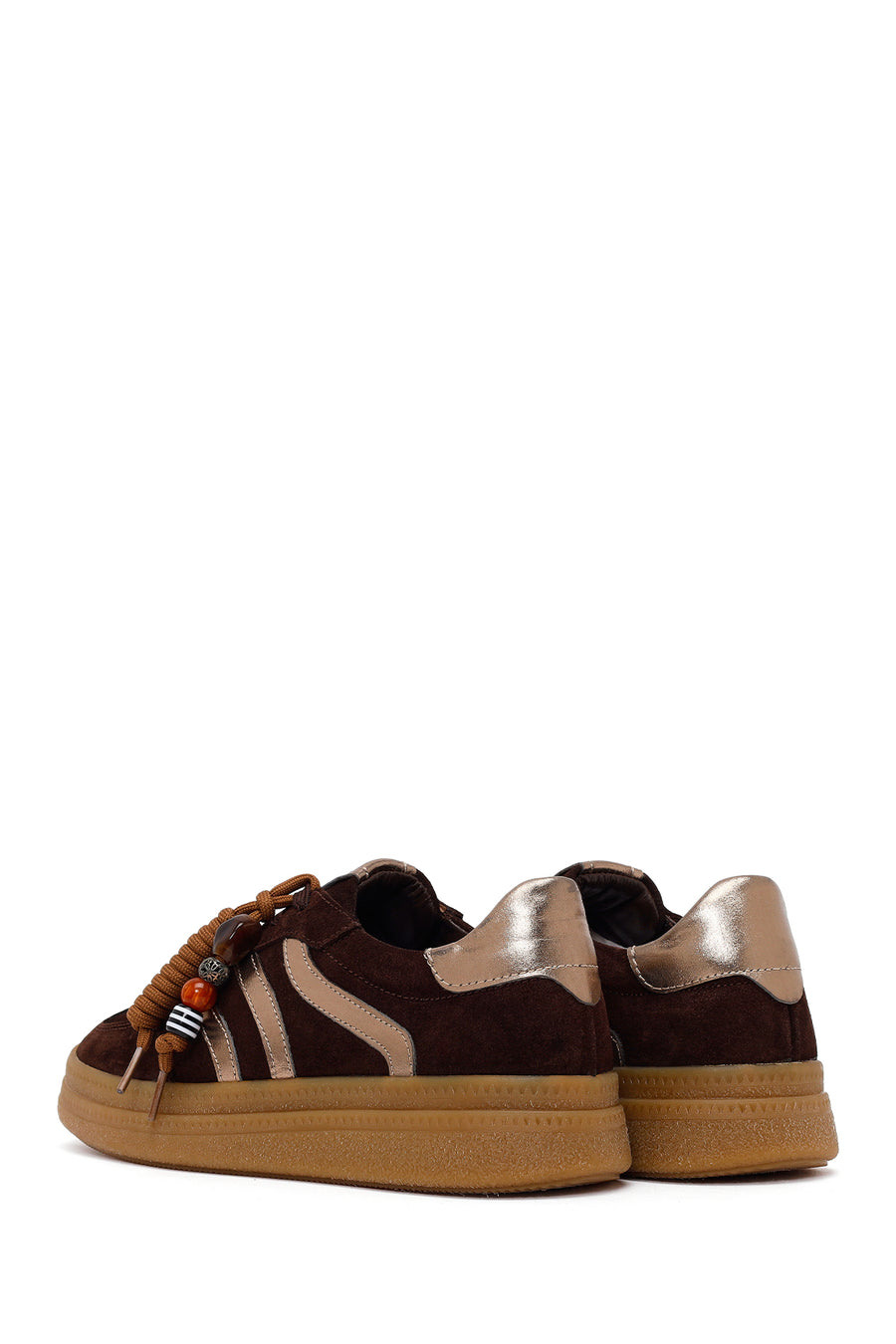 Woman Brown Lace-Up Charm Suede Leather Sneaker