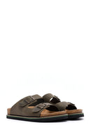 Men's Khaki Double Buckle Nubuck Leather Slippers | Derimod