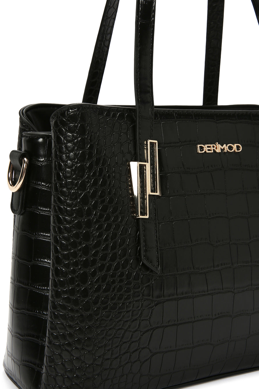 Woman Black Long-Strap Crocodile-Embossed Shoulder Bag