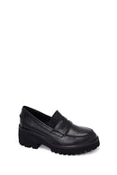 Woman Black Chunky-Heeled Leather Masculine Loafer | Derimod