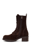 Woman Brown Zip Closure Lace-Up Chunky Heeled Suede Combat Boots | Derimod