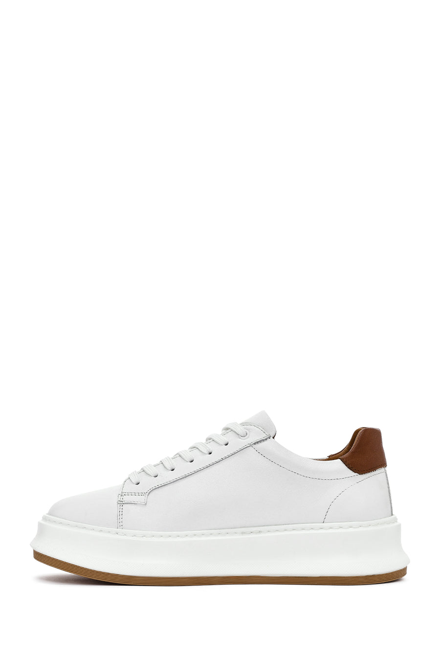 Men's White Lace-up Thick-Sole Leather Sneaker