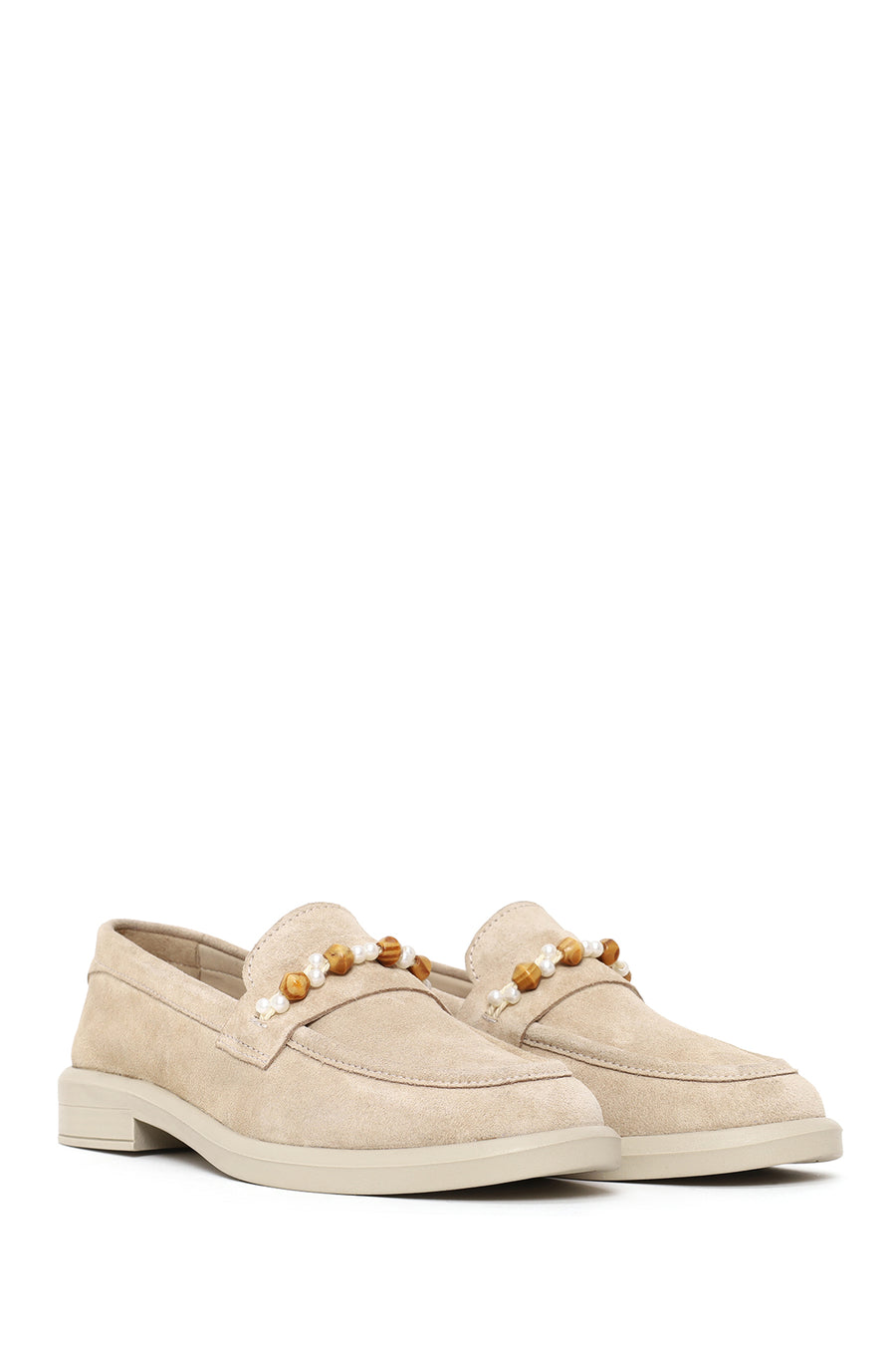 Woman Beige Beaded Suede Loafer