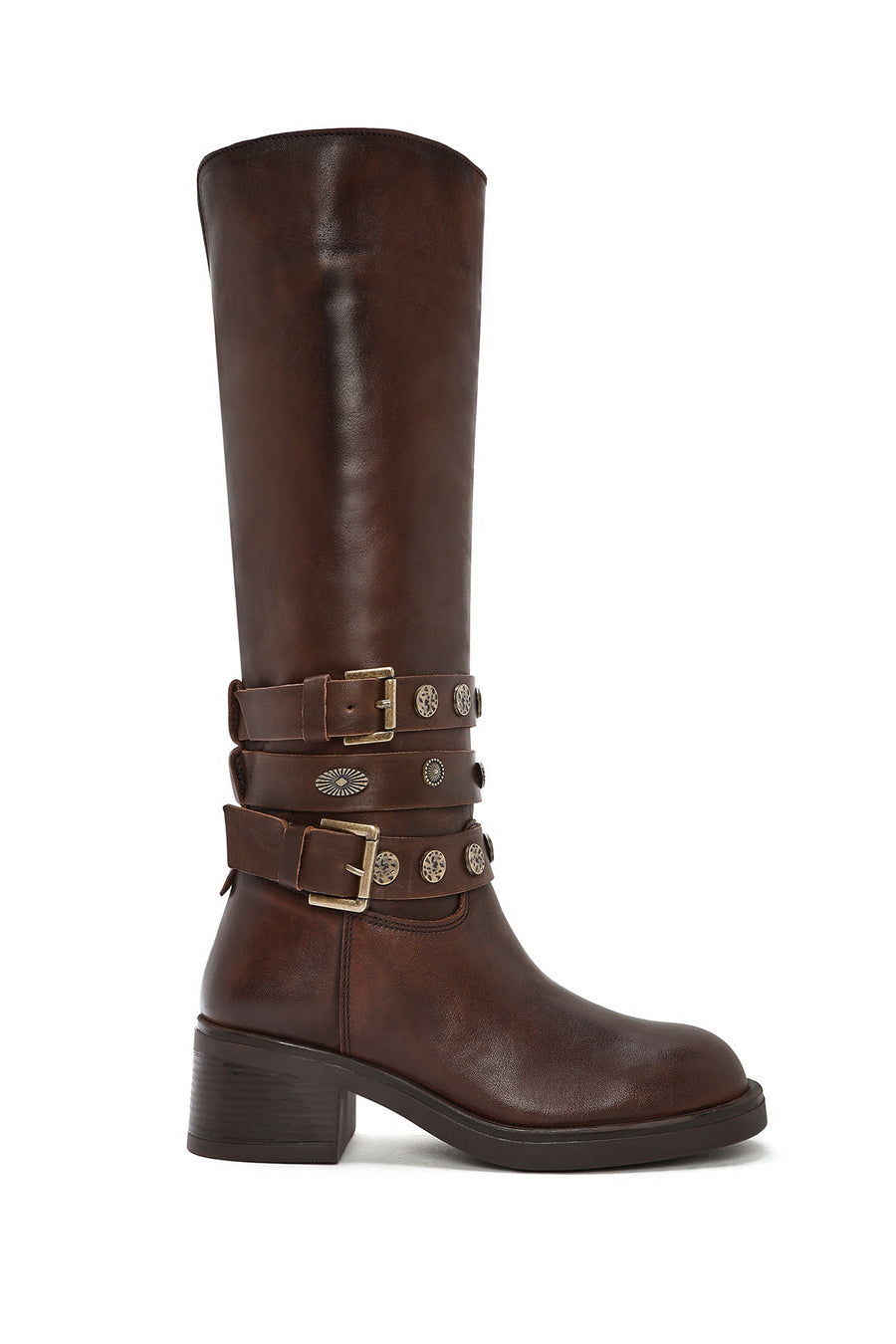Women's Brown Chunky Heel Biker Leather Boots 24WFD189418 | Derimod