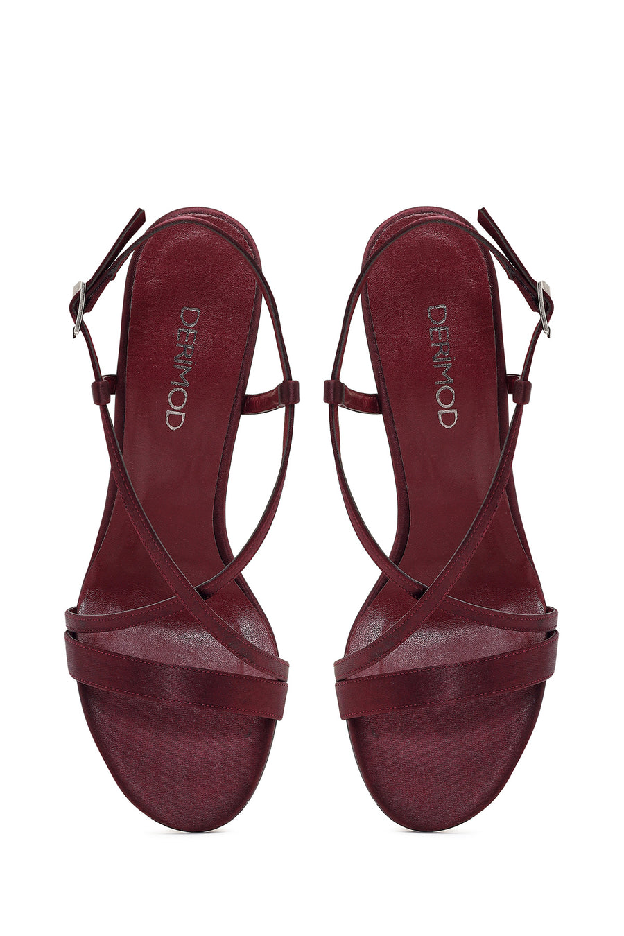 Women's Burgundy Ankle Buckle High Heeled Satin Sandals
