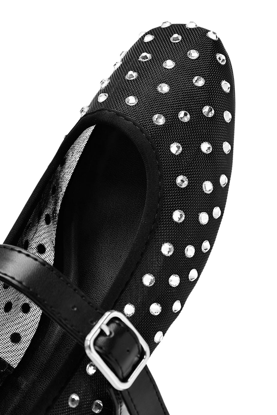 Women's Black Buckled Stone Fabric Ballerinas