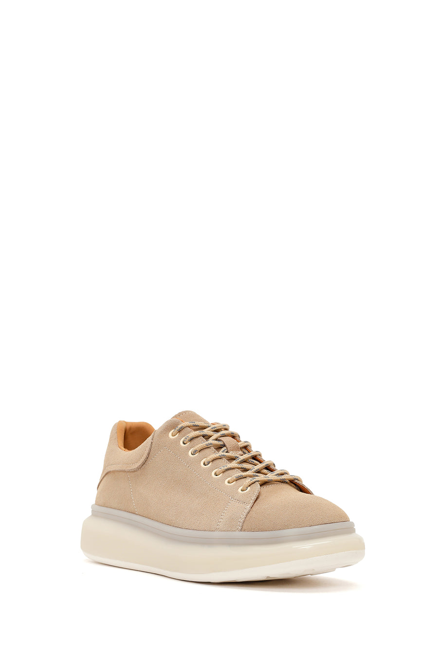 Men's Beige Lace-Up Thick-Sole Suede Leather Sneakers