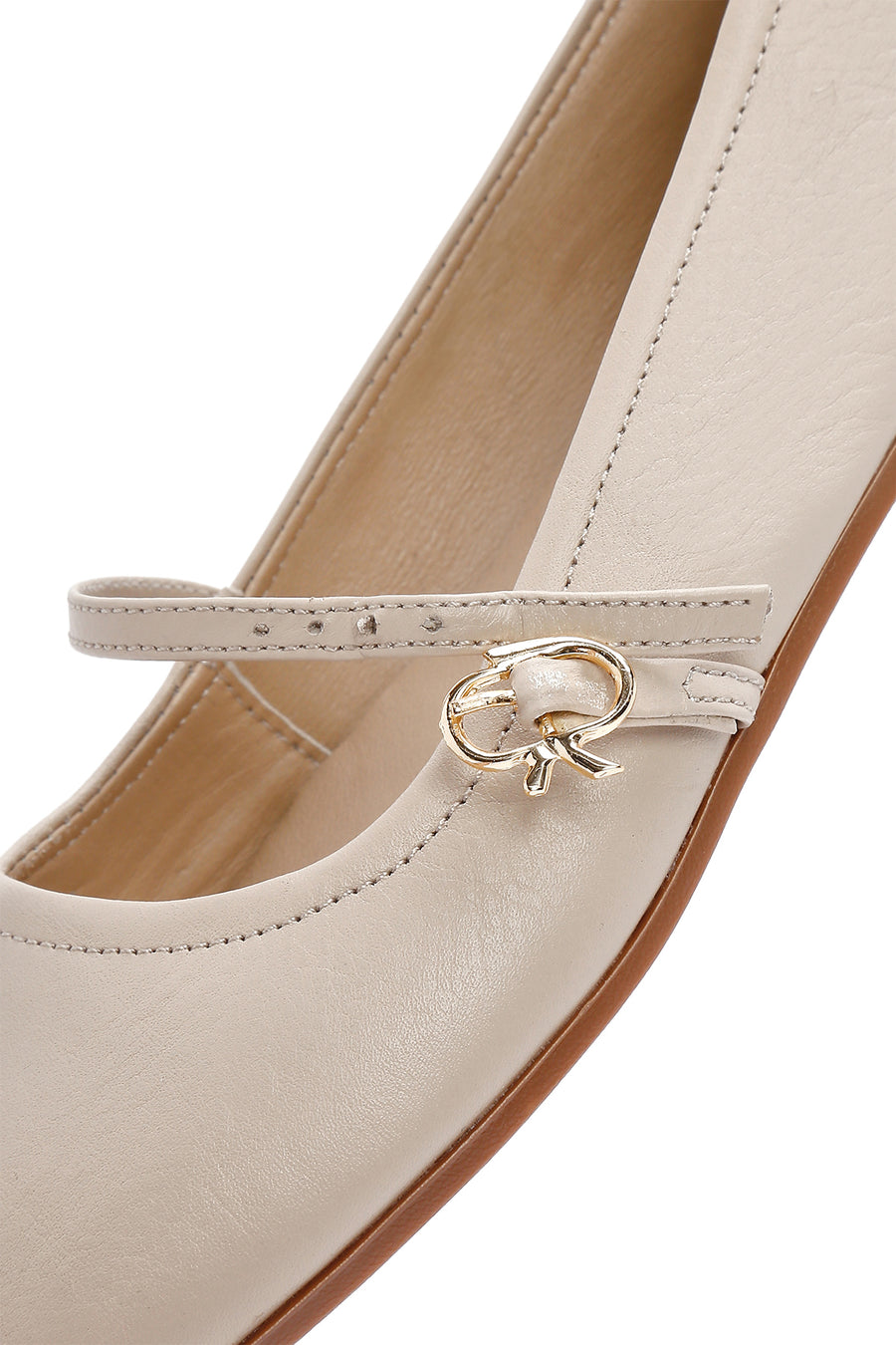 Women's Beige Strap Leather Ballerinas