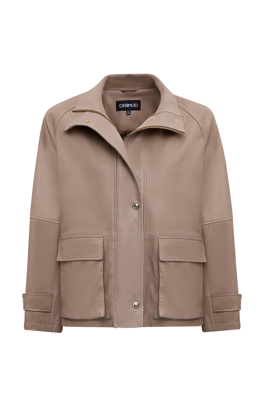 Fancy Women's Beige Round Neck Oversize Leather Jacket