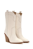 Women's Beige Thick Heeled Leather Cowboy Boots | Derimod