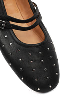 Woman Black Double-Buckle Embellished Leather Ballerine Shoes | Derimod