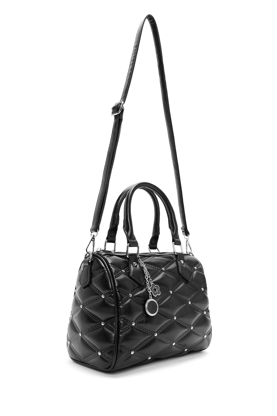 Women's Black Long Strap Accessory Quilted Patterned Handbag