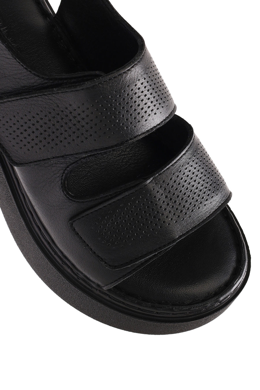 Women's Black Strappy Thick Soled Leather Comfort Sandals