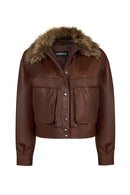 Margot Woman Whiskey Short Collar Fur Leather Jacket | Derimod