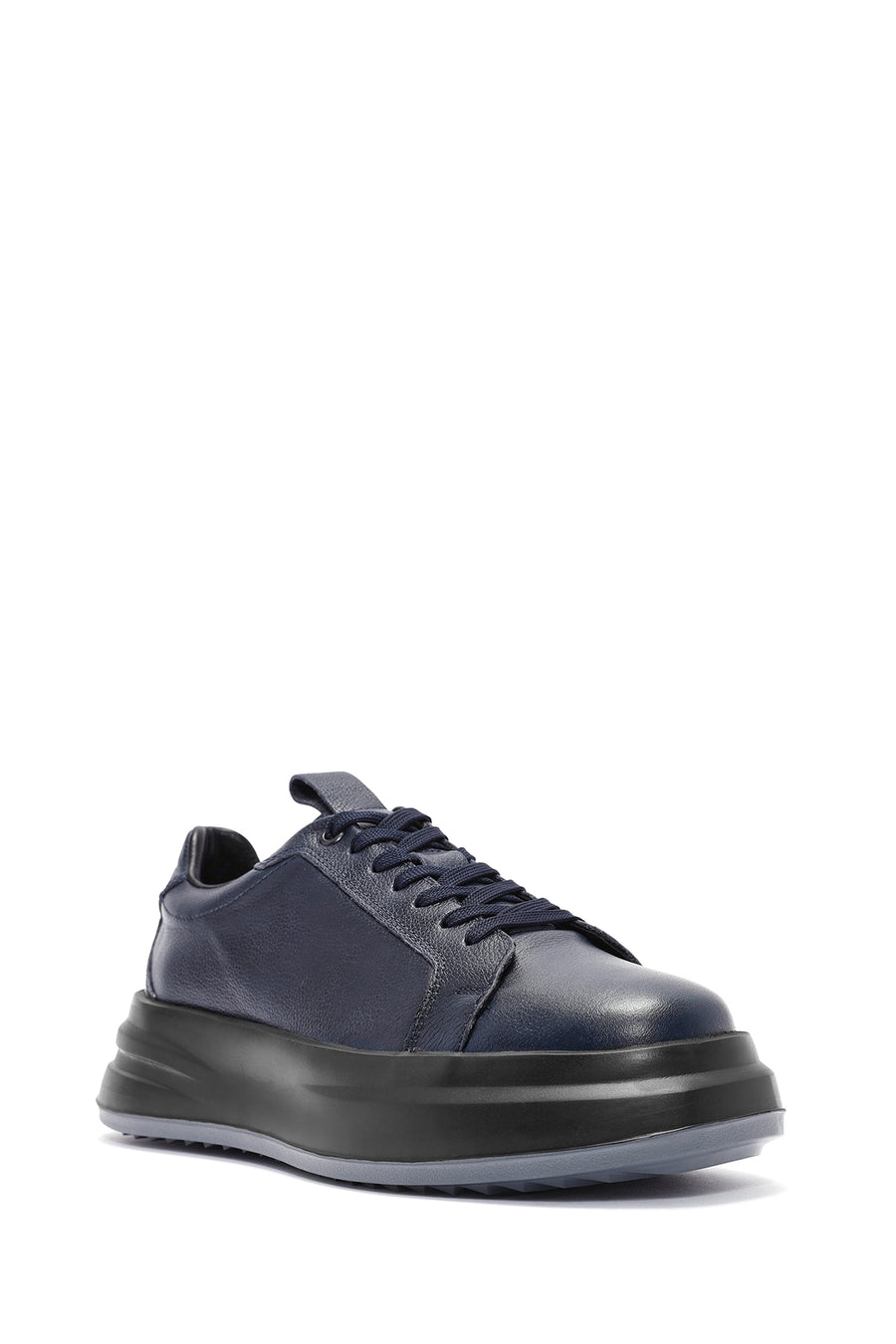 Erkek Lacivert Bağcıklı Deri Sneaker