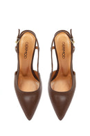 Women's Brown Open Back High Thin Heel Leather Shoes | Derimod