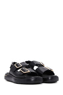 Women's Black Ankle Strap Double Buckle Leather Sandals | Derimod