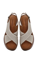 Women's Cream-Colored Ankle Buckle Platform Leather Comfort Sandals | Derimod
