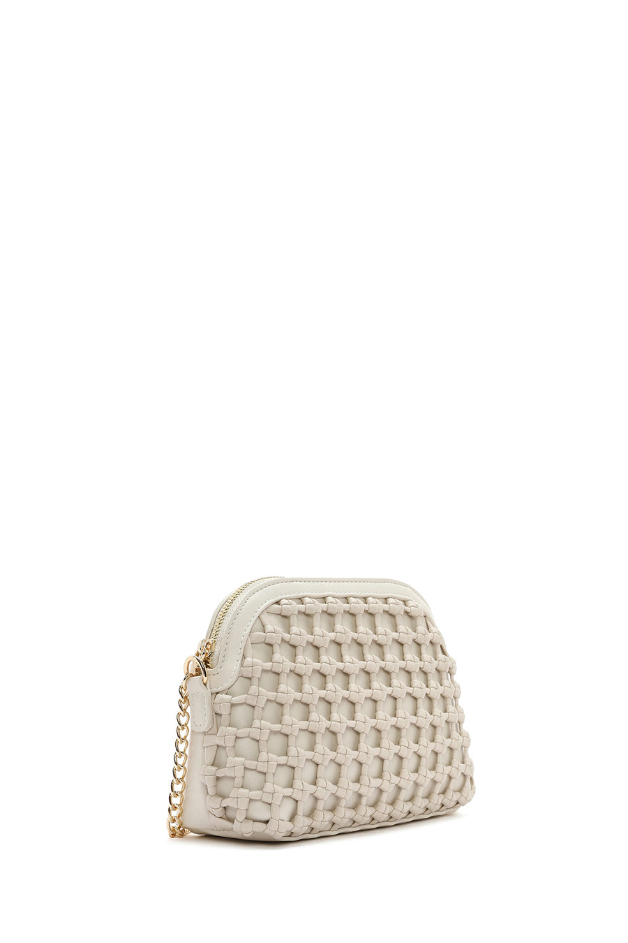 Woman Cream Long Braided Crossbody Bag with Long Chain Strap
