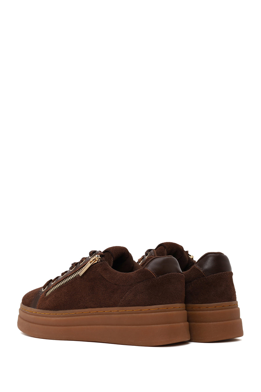 Woman Brown Lace-Up Thick-Soled Suede Leather Sneaker