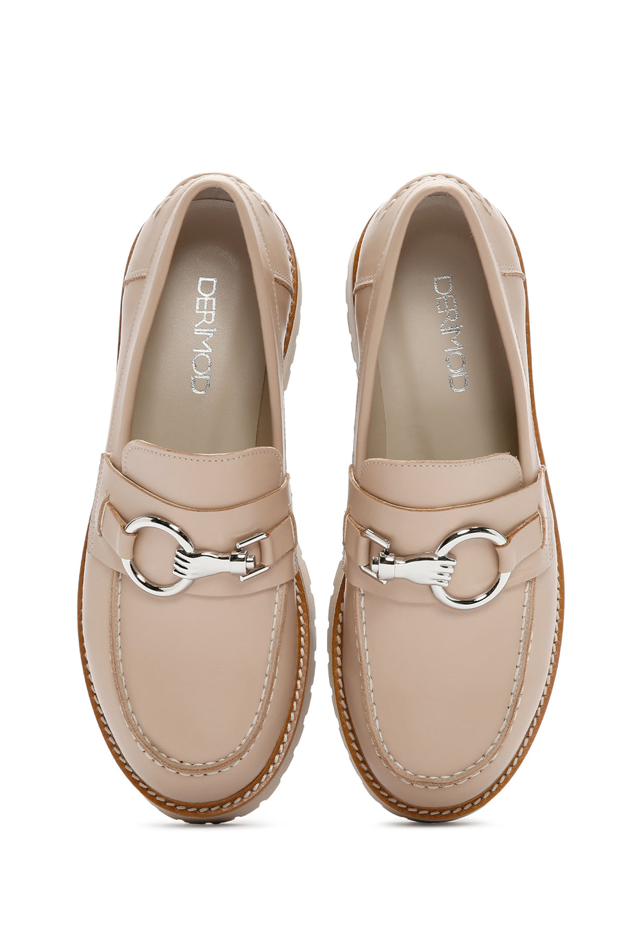 Kadın Bej Kalın Tabanlı Deri Maskülen Loafer