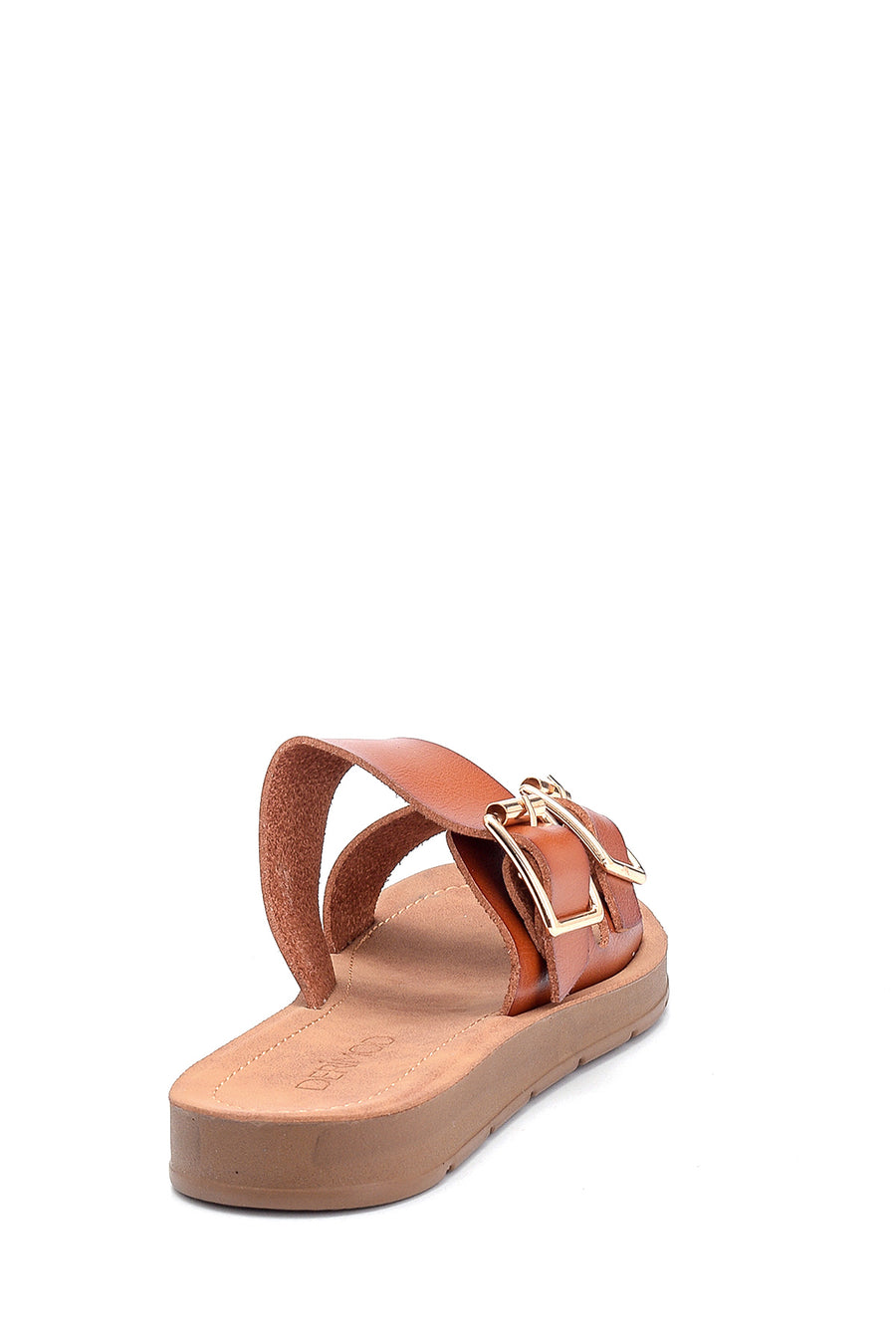 Women's Tan Double Buckle Open Back Flat Slippers
