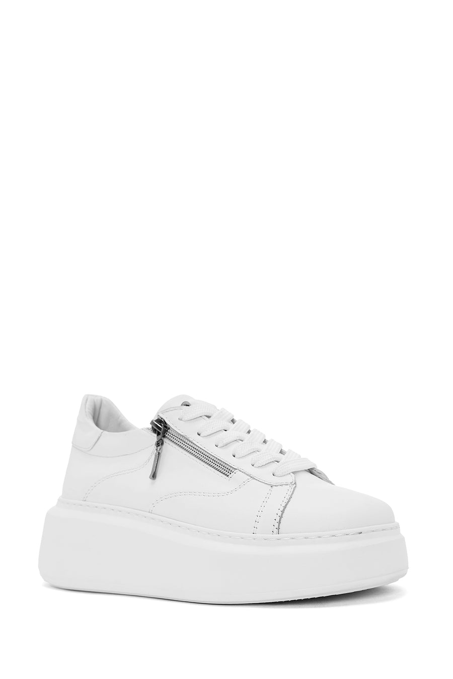 Women's White Zippered Lace-Up Thick-Sole Leather Sneakers