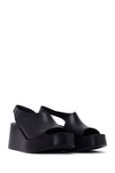 Woman Black Wedge Heel Leather Comfort Sandals | Derimod