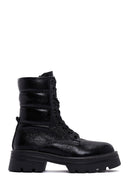 Women's Black Zipper Metallic Leather Combat Boots | Derimod