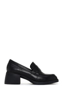 Women's Black Thick Heeled Leather Masculine Loafer | Derimod