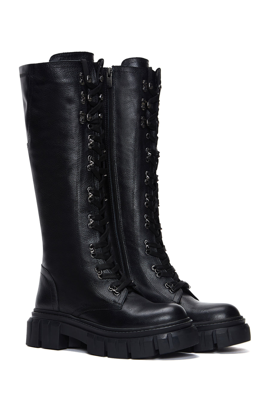 Women's Black Leather Zippered Thick Soled Boots