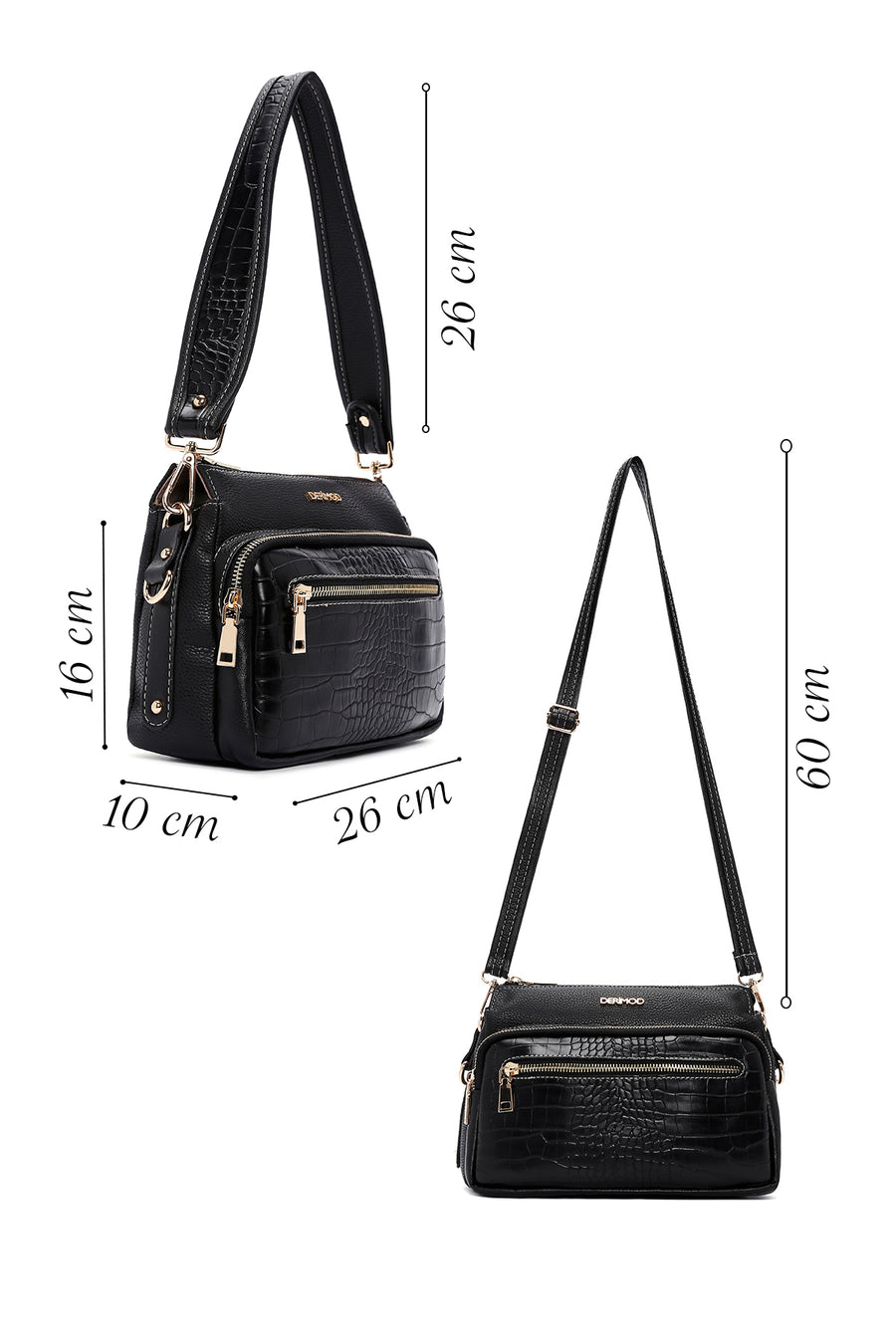 Women's Black Long Strap Patterned Crossbody Bag