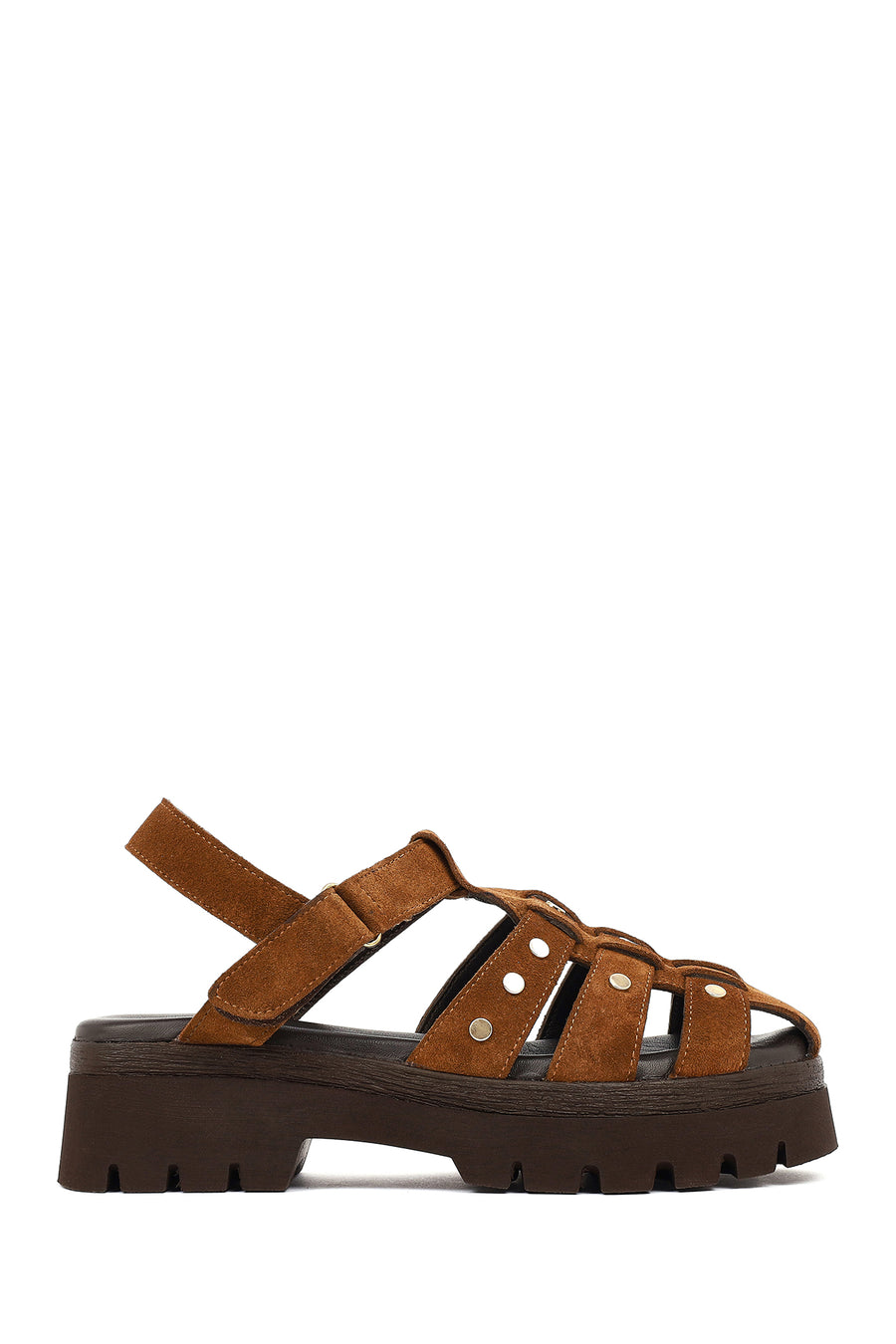 Woman Tan Strappy Thick-Soled Suede Leather Sandals 26SFD207410 | Derimod