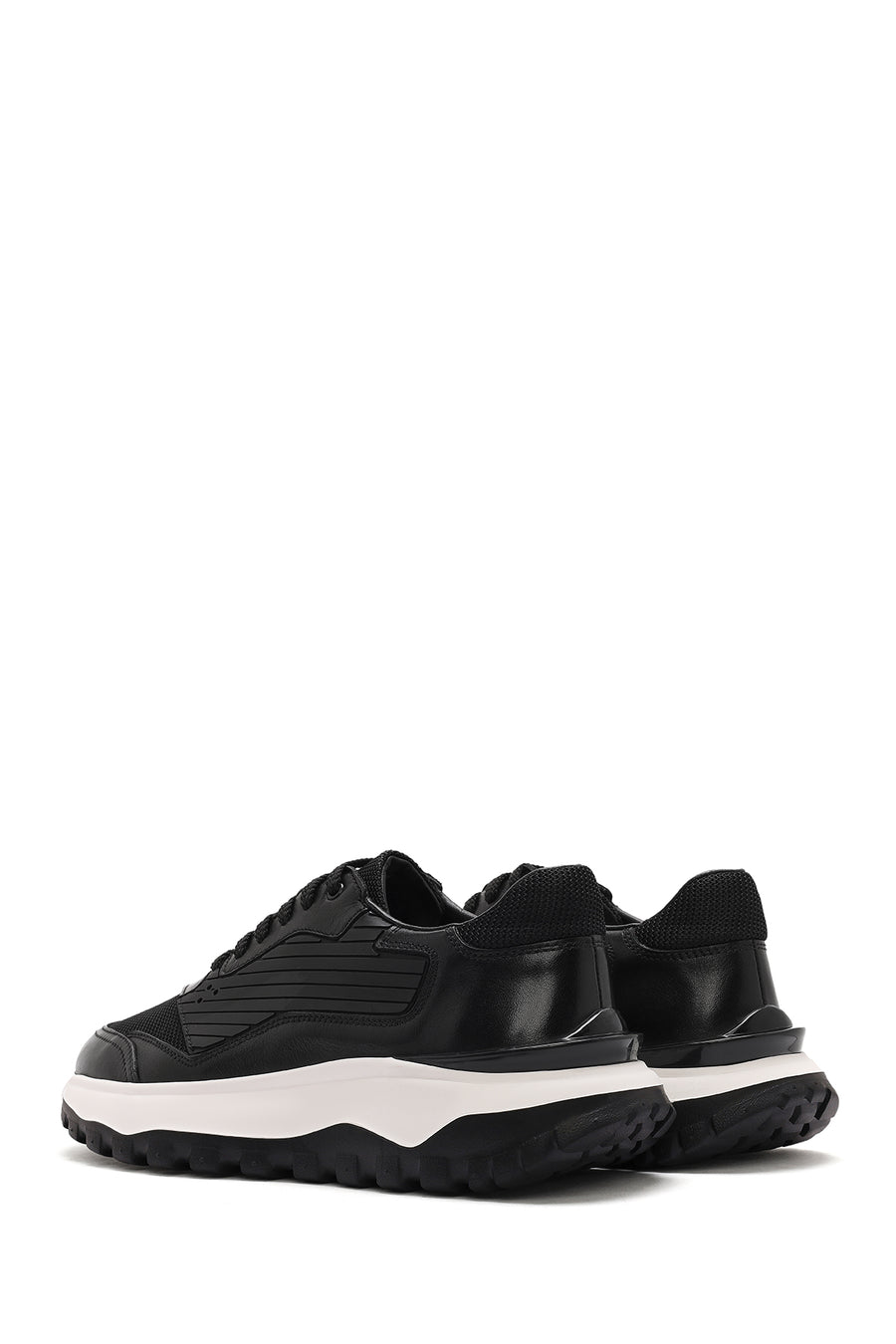 Erkek Siyah Bağcıklı Kalın Tabanlı Deri Sneaker