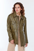 Isabel Women's Khaki Long Leather Parka | Derimod