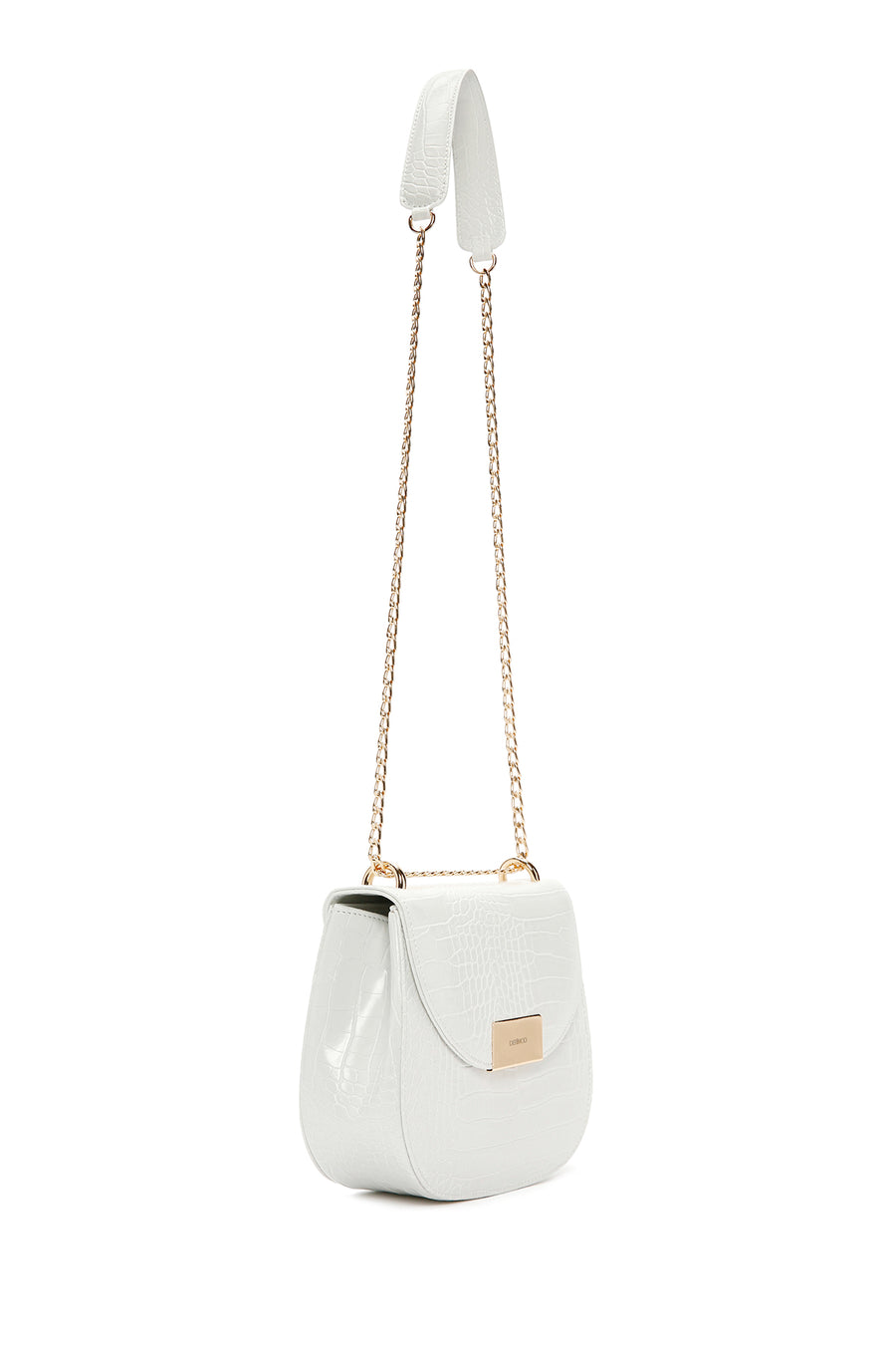 Women's White Long Chain Strap Crocodile Patterned Shoulder Bag