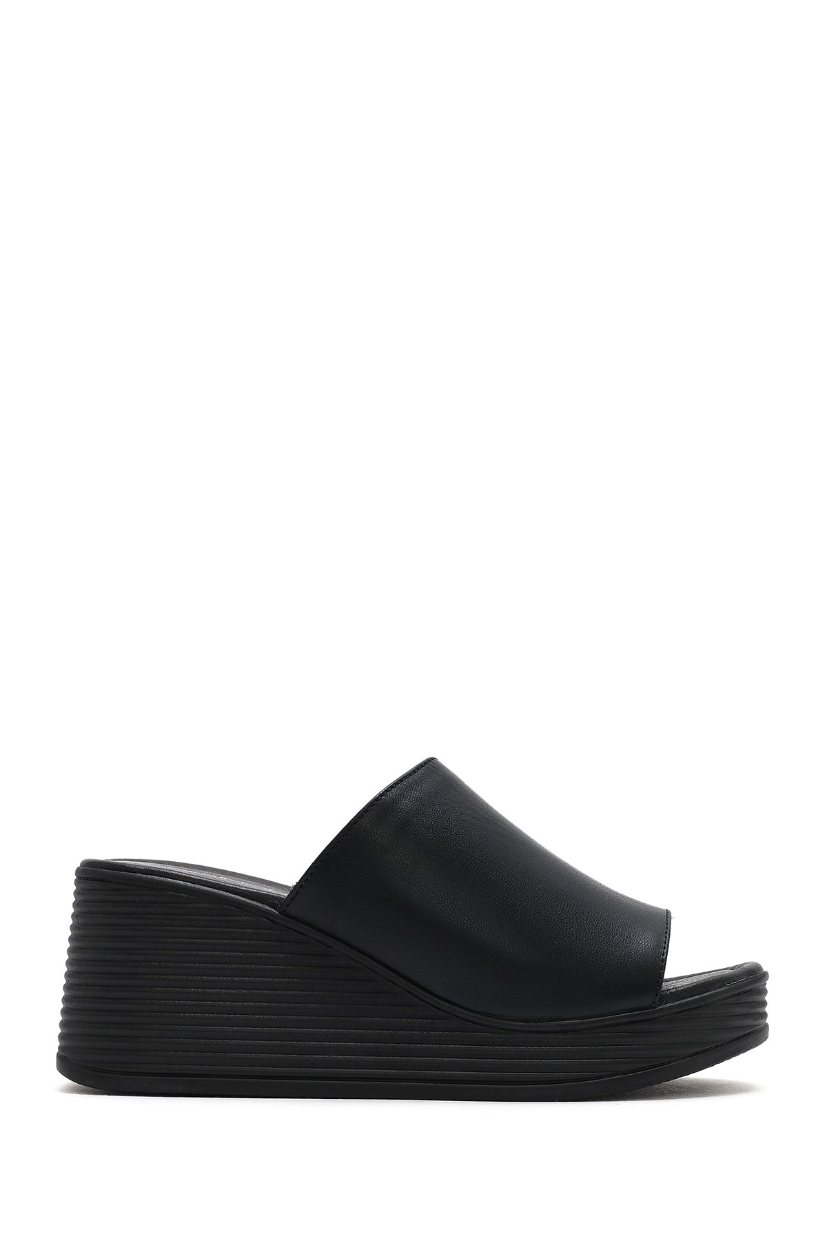 Women's Black Wedge Heeled Leather Slippers 26SFD180818 | Derimod