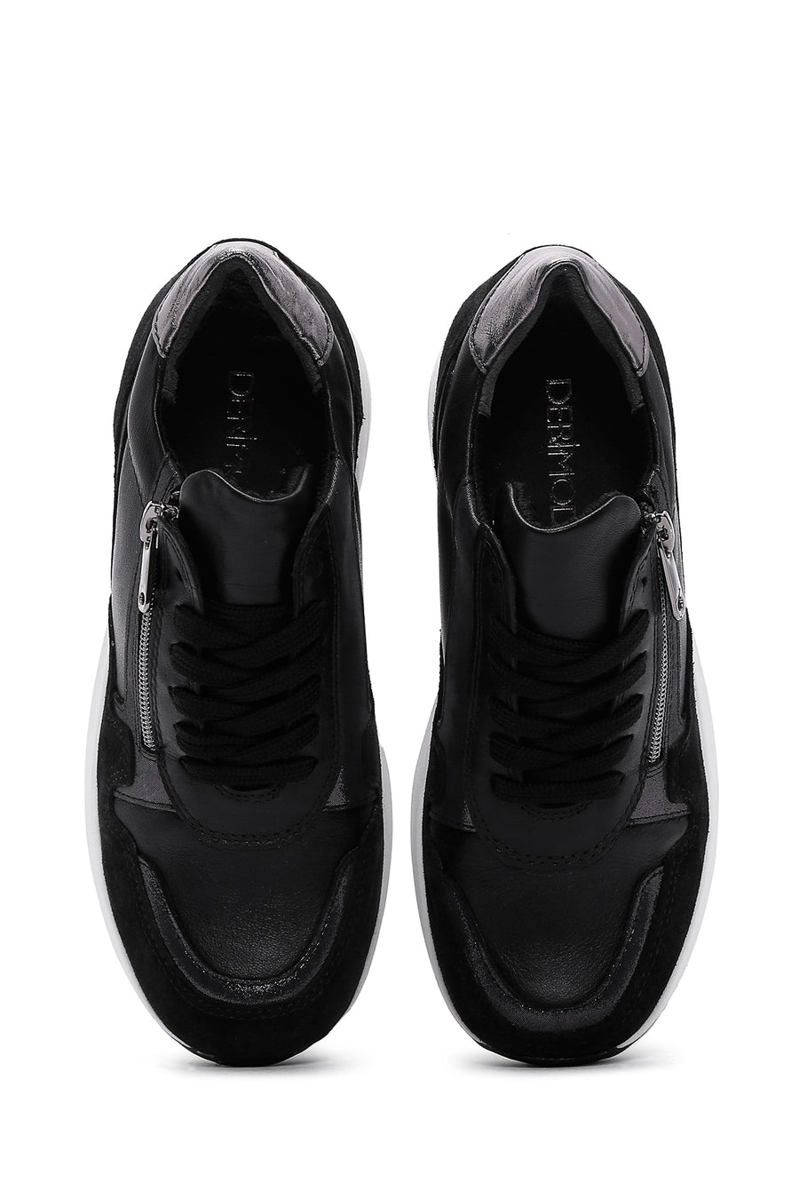 Kadın Siyah Bağcıklı Fermuar Detaylı Dolgu Topuklu Deri Sneaker