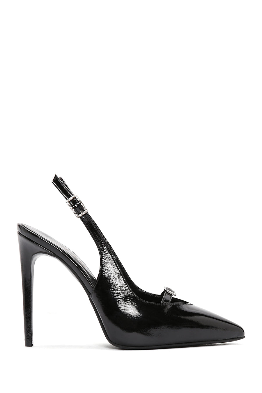 Women's Black Ankle Strap Open Back Thin Heeled Patent Leather Shoes 24SFD101116 | Derimod