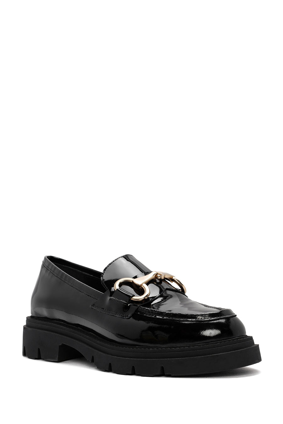 Women's Black Buckle Detailed Patent Leather Masculine Loafer