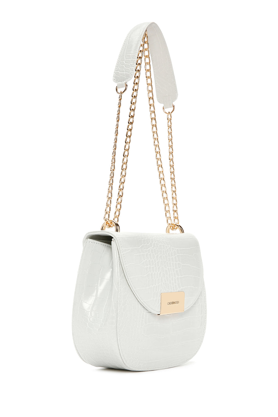 Women's White Long Chain Strap Crocodile Patterned Shoulder Bag