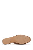 Women's Tan Suede Leather Knitted Flat Slippers | Derimod