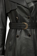 Jenny Women's Black Fur Belt Detailed Leather Trench Coat | Derimod