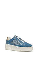 Geox Kadın Mavi D Spherica Ecub - 2 B - Em.Te + Su Bağcıklı Desenli Kalın Tabanlı Deri Sneaker | Derimod