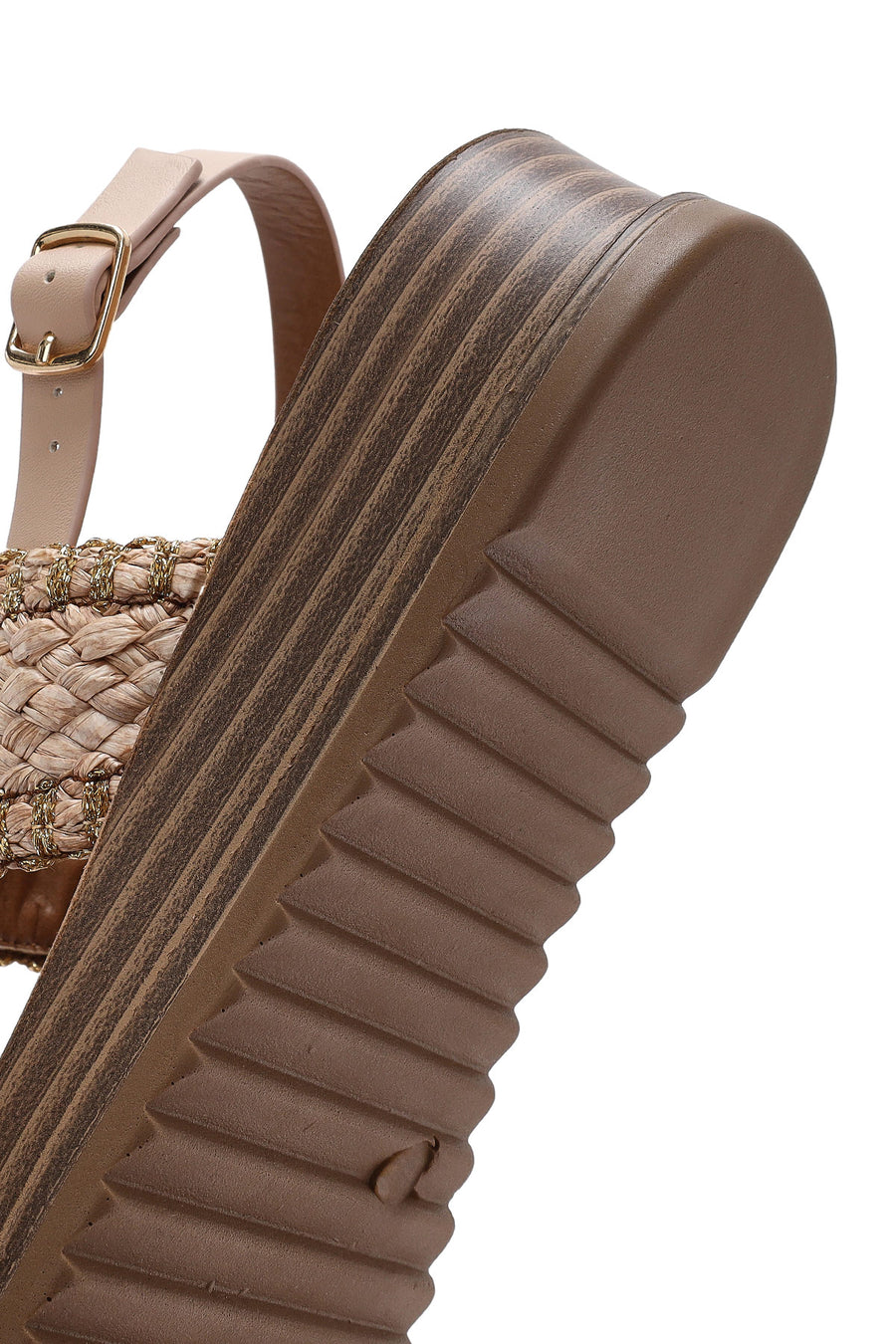 Women's Beige Ankle Buckle Thick Soled Straw Sandals