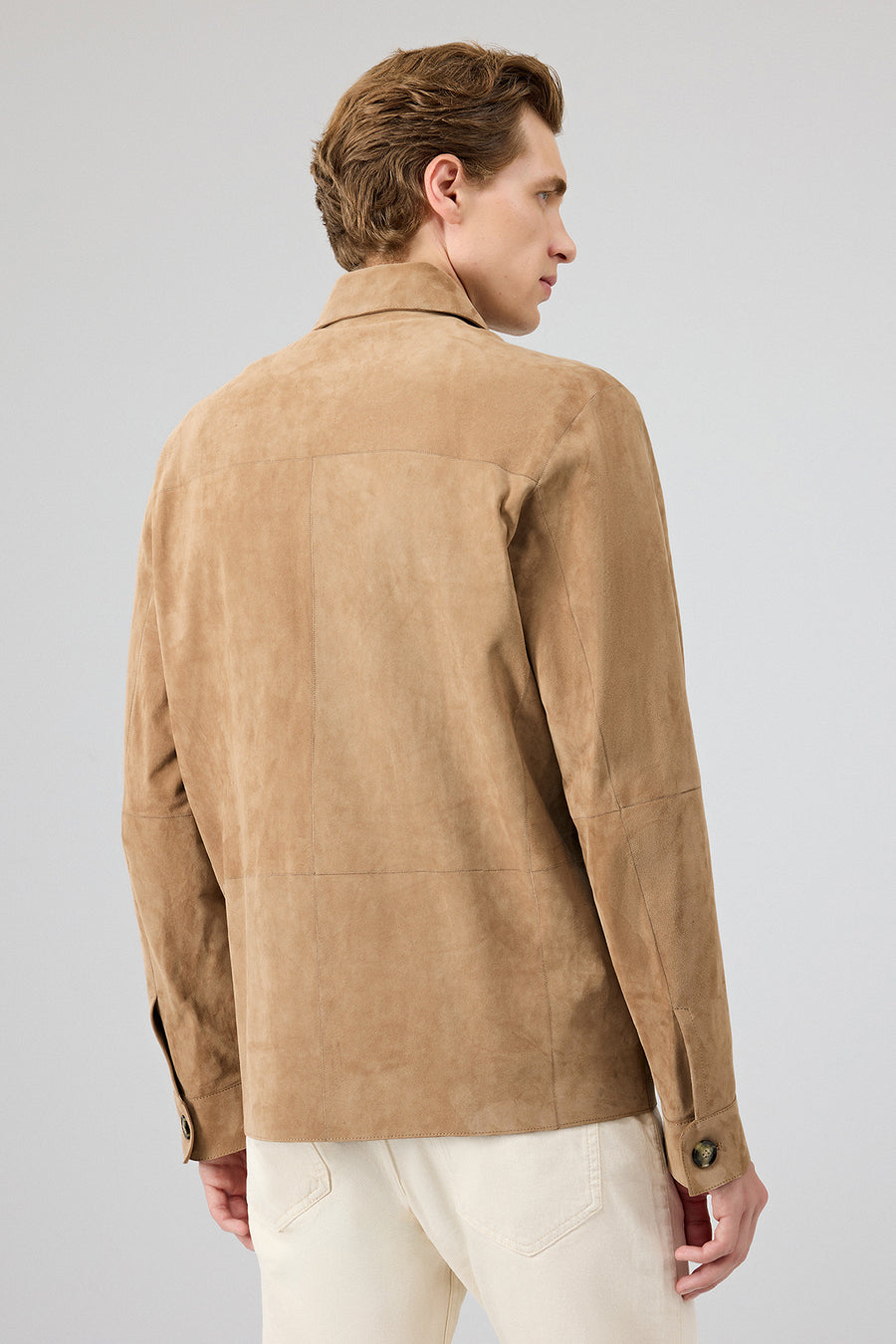 Osimhen Men's Beige Shirt Collar Suede Leather Jacket