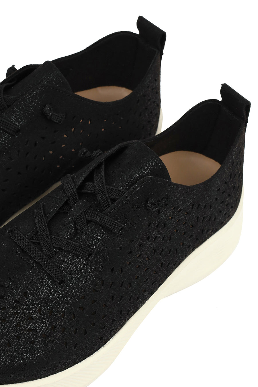Women's Black Lace-Up Chunky Sole Patterned Fabric Comfort Sneaker