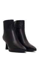 Woman Black Zip Closure Braided Thin-Heeled Leather Boots | Derimod