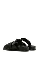 Women's Black Knit Leather Slippers | Derimod