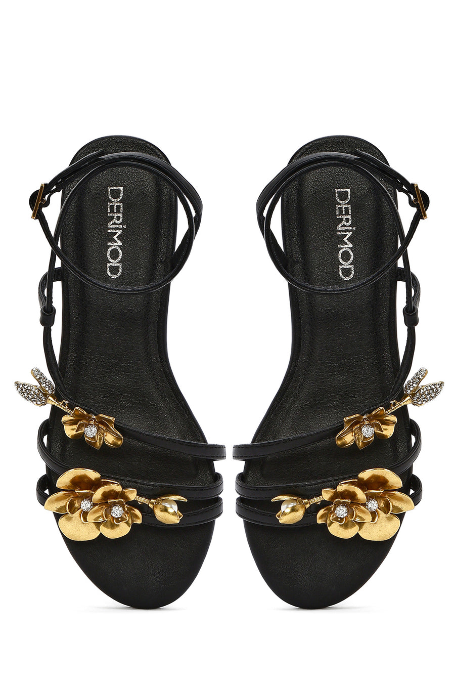 Women's Black Ankle Buckle Stoned Sandals
